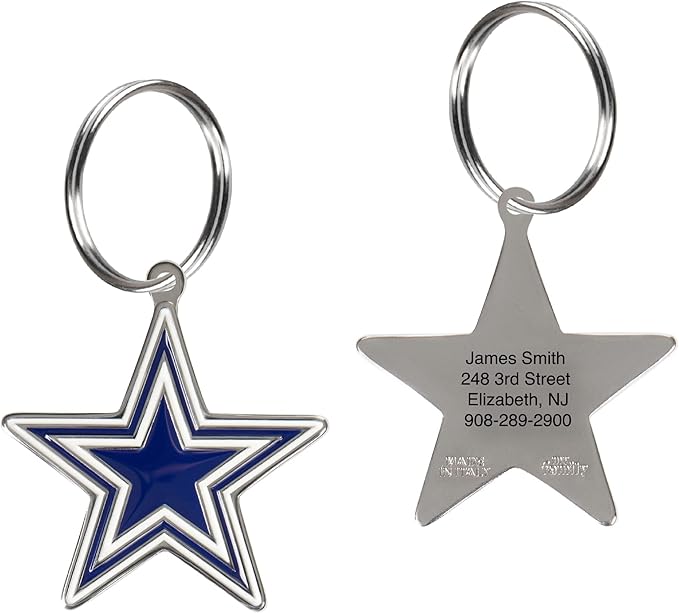 NFL Dallas Cowboys Engraving Pet ID Tags in 32 Team Logo Shapes Personalized Dog Tags and Cat Tags with 3 Lines of Customizable Text for Tracking & Safety. Stainless Steel Pet ID Tracking Tags