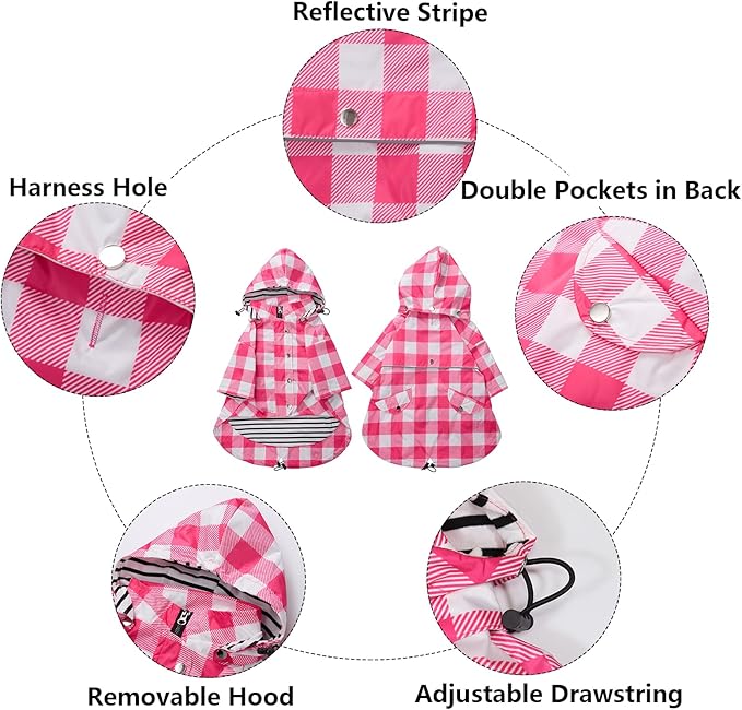 Dog rain Coat Waterproof Raincoat Puppy Jacket with Legs Buttons Zipper Hood Drawstring Fit for Yorkie Terrier Schnauzer Poodle Border Collie Labrador Golden Retriever 8lbs to 80lbs Pink L