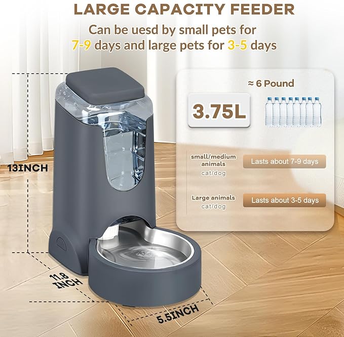 Automatic Cat Feeder Water Dispenser with Stainless Steel Bowl Dog Gravity Food Waterer for Small Medium Pets 1 Pack (Dark Grey)