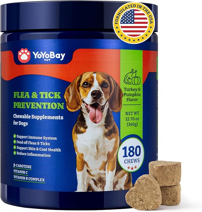 Flea and Tick Prevention for Dogs Chewable - 180 Soft Chews, Turkey & Pumpkin Flavor - Dog Flea and Tick Treatment Chewable, Natural Defense - Dog Immune Support Supplement