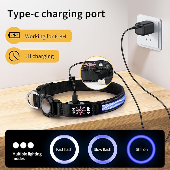 AirTag Dog Collar with QR Code & LED Light, IP68 Waterproof Rechargeable Pet Collar with Reflective Strips, Durable Airtag Holder for Medium/Large Dogs (Blue, L(20-24 in))