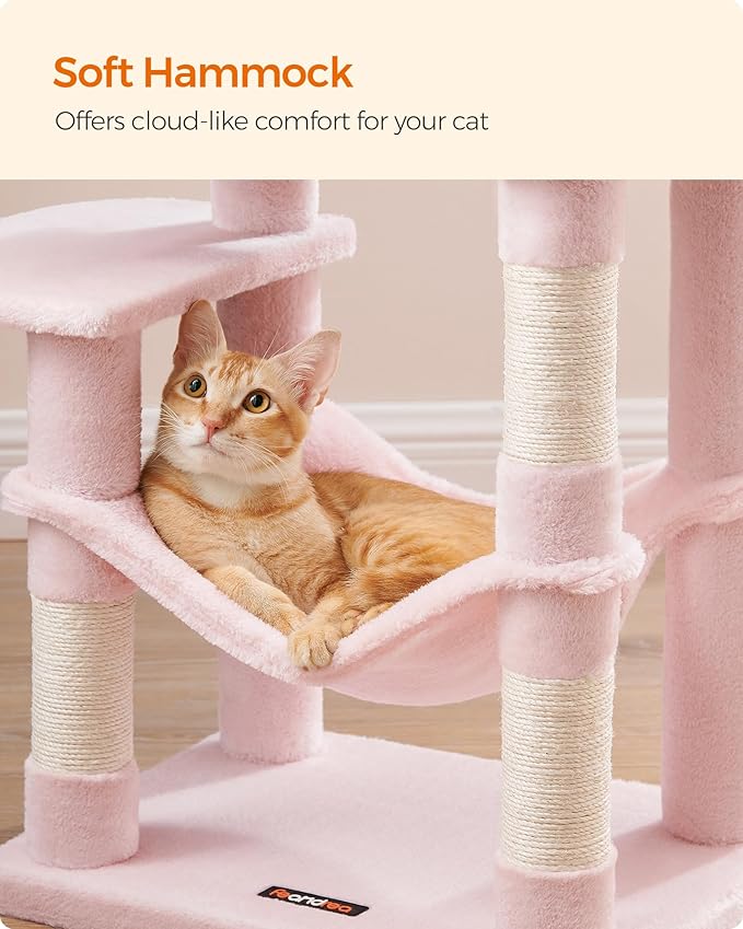 Feandrea Cat Tree, 44.1-Inch Cat Tower for Indoor Cats, Multi-Level Cat Condo with 4 Scratching Posts, 2 Perches, Hammock, Cave, Jelly Pink UPCT261P01