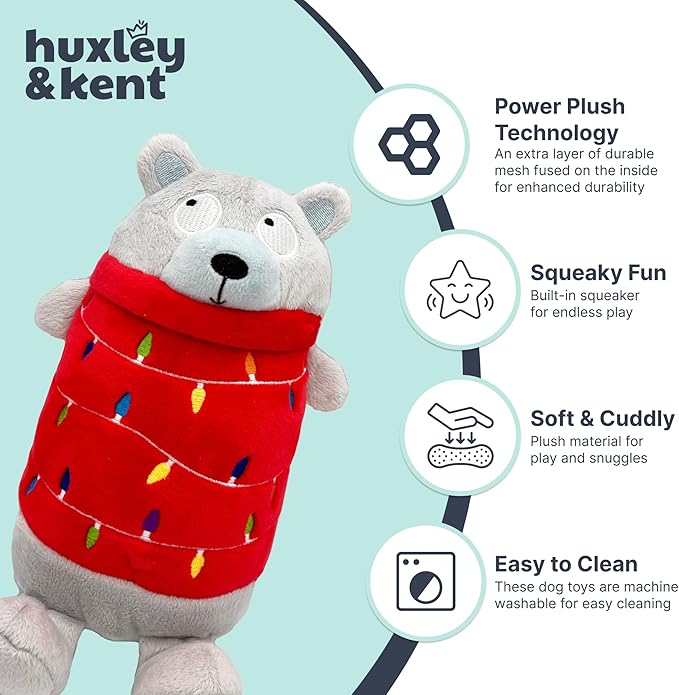 Huxley & Kent Funny Dog Toy w/Squeaker – Holiday Power Plush Squeaky Dog Toys for Small, Medium & Large Dogs – Soft Stuffed Animal for Indoor Play & Fetch - Deck The Bear, Small