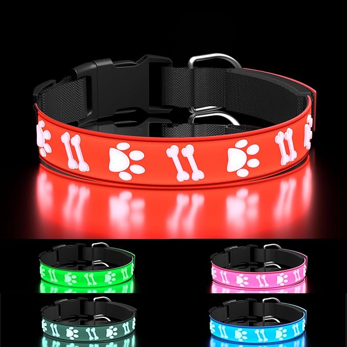 Light Dog Collar 3D LED Dog Collars Adjustable Rechargeable Glowing Dog Collar for Night Walk Bright Blinking Collars for Medium Dogs, Red