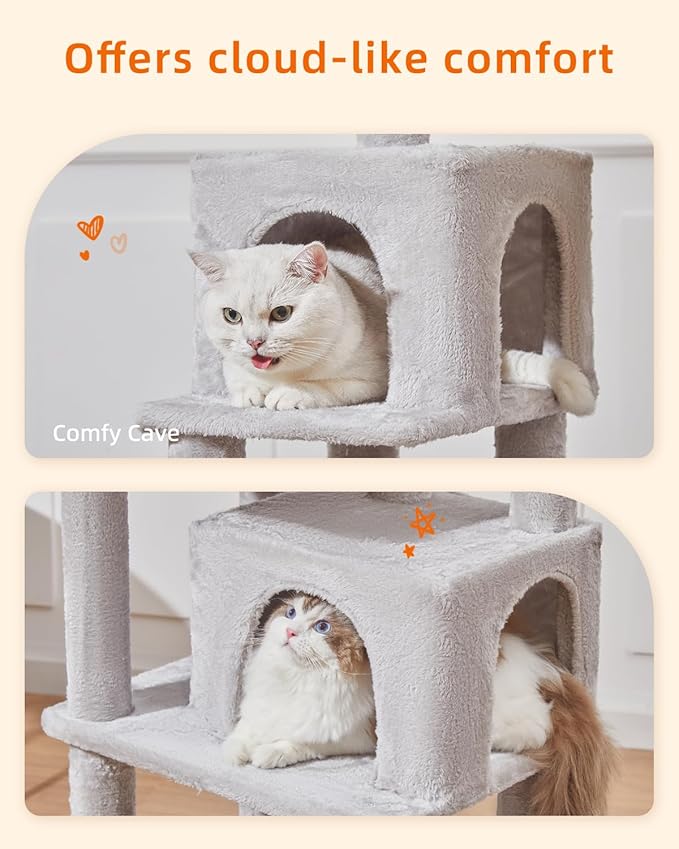 Taoqimiao Cat Tree, 61-Inch Cat Tower for Indoor Cats, Plush Multi-Level Cat Condo with 5 Scratching Posts, 2 Perches, 2 Caves, Hammock, 2 Pompoms, Light Gray MS013SW