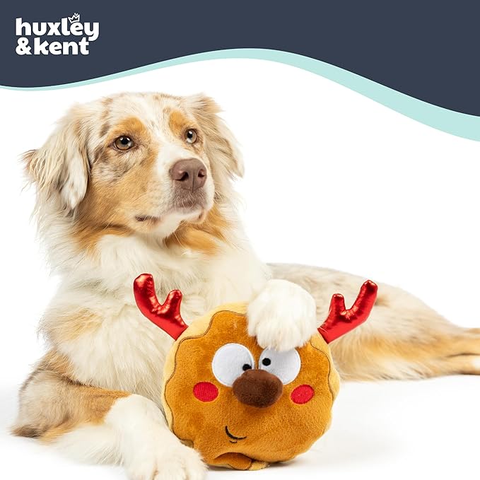 Huxley & Kent Funny Dog Toy w/Squeaker – Holiday Power Plush Squeaky Dog Toys for Small, Medium & Large Dogs – Soft Stuffed Animal for Indoor Play & Fetch - Gotta Dash Reindeer Cookie, Large