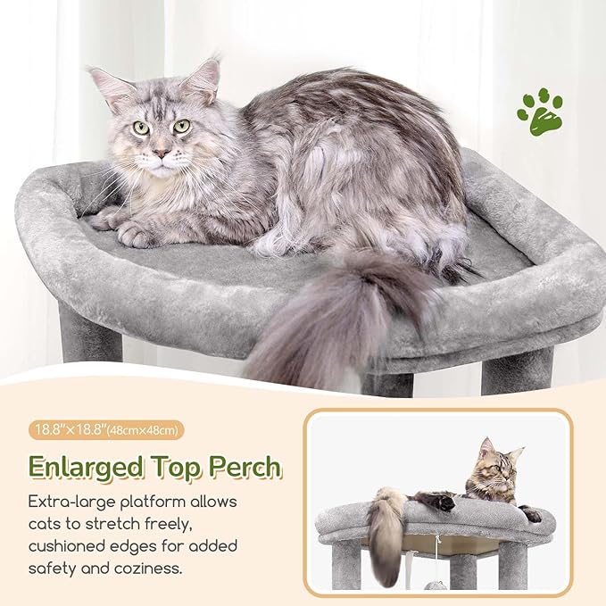 Globlazer Heavy Duty Cat Tree, 74in Sturdy Cat Tower for Large Cats Adult, Big Cat Tree with 5 Sisal Scratching Posts, 2 Padded Condos, 2 Dual-Ear Hanging Baskets, Enlarged Top Perch, S74, Light Grey