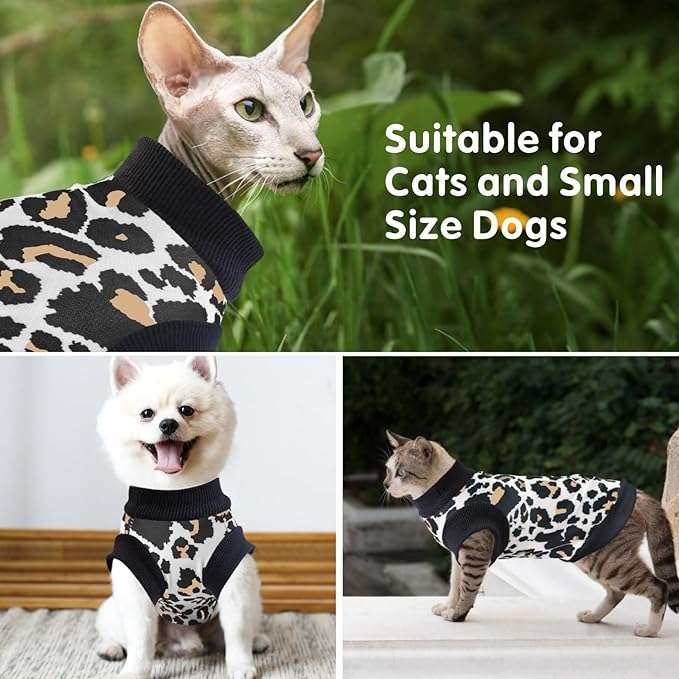 Idepet Cat Clothes Kitten Sweater Soft Kitten Shirt Cute Leopard Print Kitty Vest Pullover Pajamas Jumpsuit Cotton Apparel for Hairless Cats &Puppy (White,M)