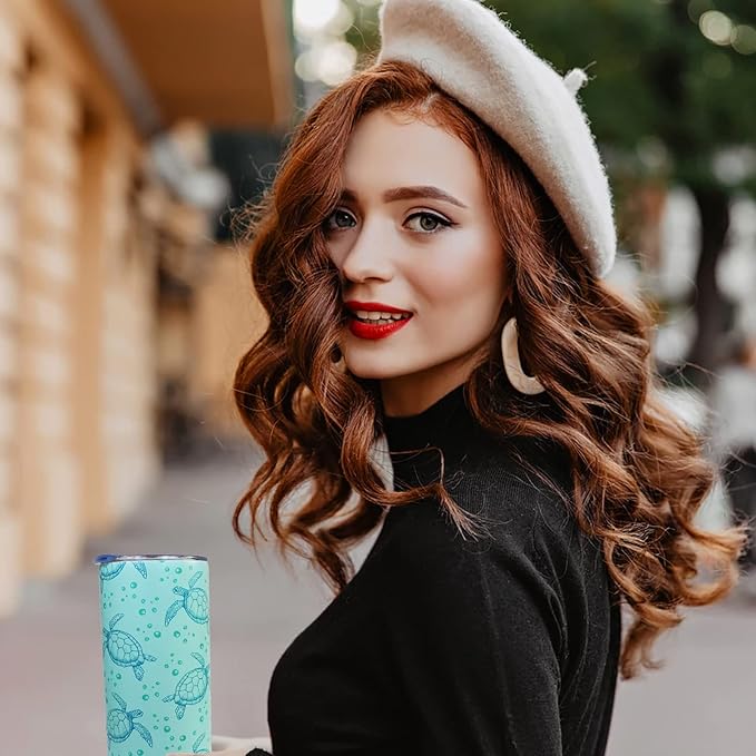 Sea Turtle Tumbler With Lid and Straw Sea Turtle Stuff Gifts for Women 20 oz Insulated Stainless Steel Skinny Tumbler Water Bottle Travel Mug Wine Cups