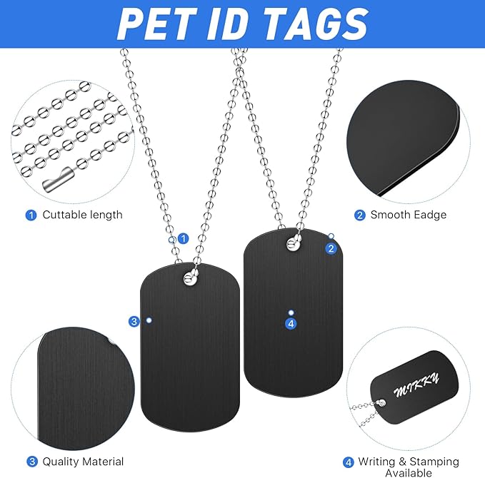 200Pcs Military Dog Tags Set - Rectangle Blank Metal Stamping Tags Including 100Pcs Aluminum & 100Pcs Ball Steel Chains Personalized Pets Tags for DIY Decorative Craft (Black)