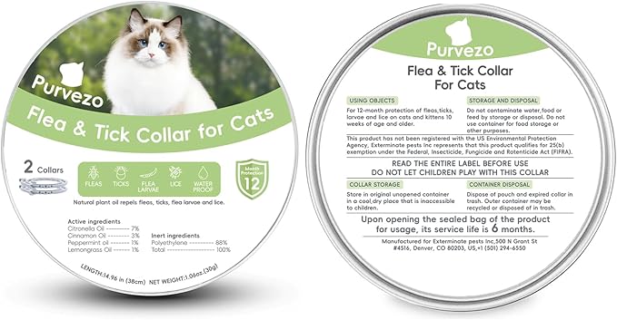 Flea and Tick Collar for Cats,12-Month Protection, Natural Ingredients, Waterproof & Adjustable,Includes Flea Comb & Tick Removal Tool,2 Pack