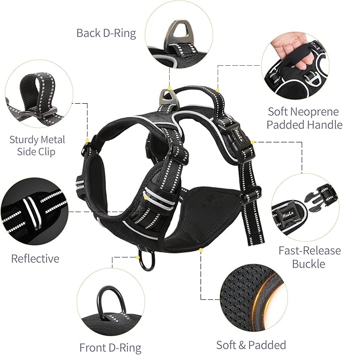 HEELE Dog Harness, No Pull Adjustable Padded Reflective Harness for Small Medium Large Dogs with Handle for Walking Training, Black, M