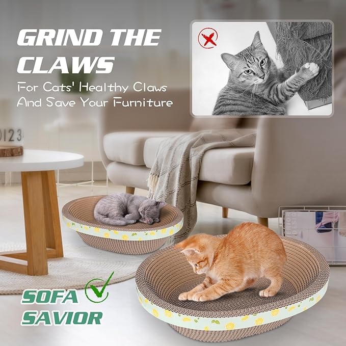 2pc Set Includes 1 X 19.5 Large + 1 X 14.96 Cute Cat Scratcher Cardboard Bed Lounger Couch, Cat Scratching Board Lounge Box Durable, Corrugated Cat Scratch Pad for Indoor Cats Furniture Protector