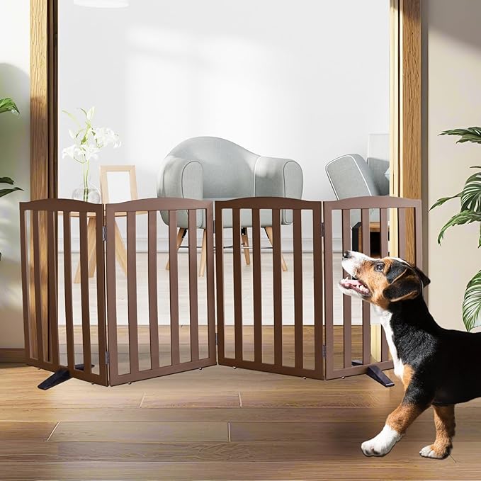 ZJSF Foldable Freestanding Indoor Dog Gate for House Wood Long Pet Gates Dog Fence for Stairs Puppy Gates for Hallways, Puppy Gate,Support Feet Included, Brown, 32 "Height-4 Panels