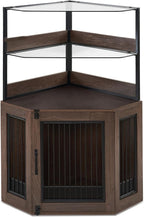 MCombo Small Corner Dog Crate Furniture with Glass Shelves, Wooden Dog Kennel Furniture with Door, Pet Crate Indoor Use, CN17 (Brown)