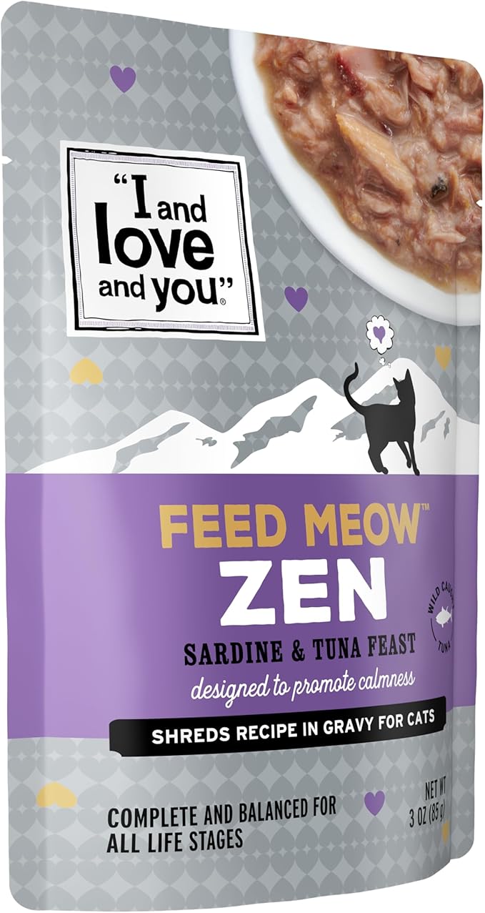 I AND LOVE AND YOU Feed Meow Zen Wet Cat Food - Sardine + Tuna - Mood Support, Grain Free, Shredded, 3oz Pack of 12