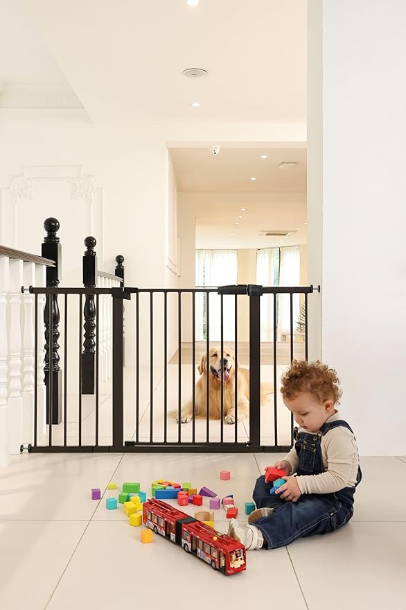 29"-57" Baby and Pet Safety Gate, 30" Tall Metal Walk-Thru Gate for Doorways & Stairs, Easy One-Hand Open, Dual Lock, Extensions & Wall Mounts Included (Brown, 29"-54" W x 30.5“H)