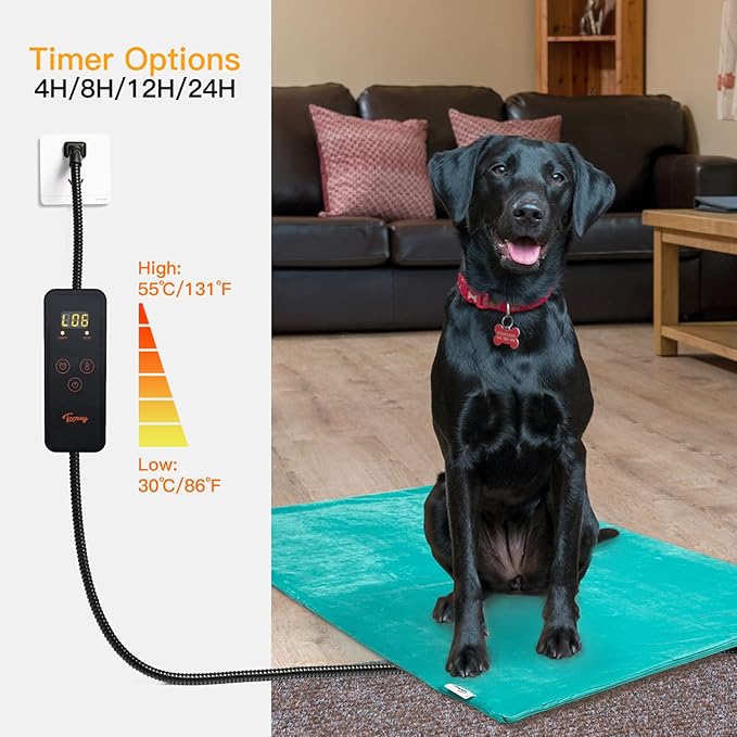 Toozey Pet Heating Pad, 6 Adjustable Temperature Dog Cat Heating Pad with Timer, Waterproof Heated Cat Bed with Chew Resistant Cord, Indoor Electric Pet Heated Mat 18x16in