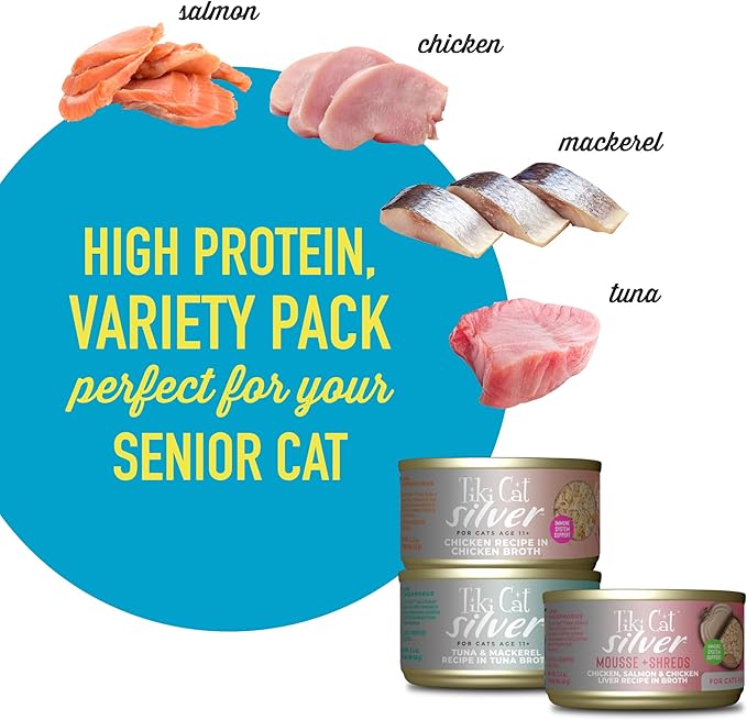 Tiki Cat Silver Variety Pack, Immune System Support Formulated for Older Cats Aged 11+, Senior Wet Cat Food, 2.4 oz. Can (12 Count)
