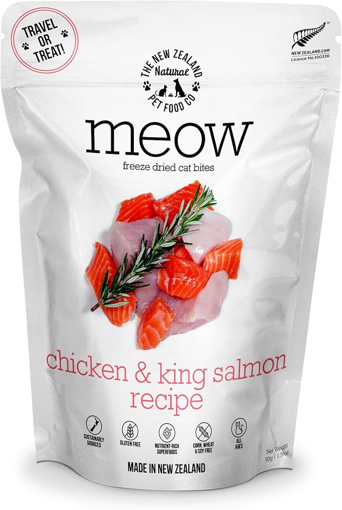 The New Zealand Natural Pet Food Co. Meow Freeze Dried Cat Food - Chicken & King Salmon Recipe, High Protein Cat Treats & Toppers, Dry Food,1.76oz