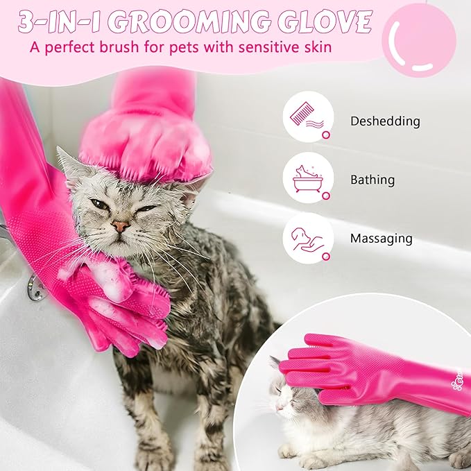 Pecute Pet Grooming Gloves - Heat Resistant Silicone Gloves with High-Density Teeth and Enhanced Five Finger Design for Bathing and Massaging Dogs and Cats (Pink)