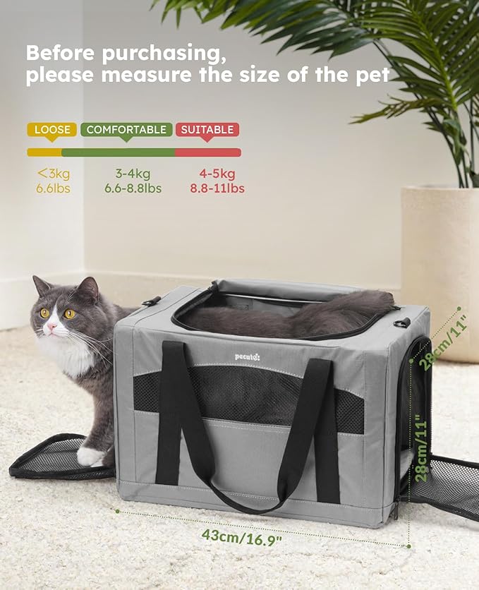 pecute Cat Carrier Stable, Pet Carrier Breathable and Portable, Cat Carriers Bag with Scientific Hidden Partition, Carriers for Cat Under 5kg, Dog Carrier Suitable for Travel and Outing, Gray