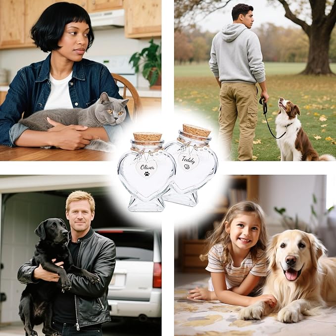 Personalized Pet Fur Keepsake Bottle, Heart Shape Custom Name Engraved Glass Dog Hair Keepsake, Pet Hair Memorial Vials for Dog/Cat Hair & Ashes, Sympathy Gift for Pet