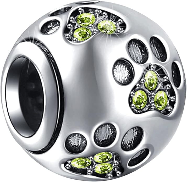EMOSTAR Dog Paw Print Charms with Various Birthstone Crystals, 925 Sterling Silver Pawprint Beads for 3mm Snake Chain, Pet Lover Gifts for European Women Bracelet