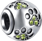 EMOSTAR Dog Paw Print Charms with Various Birthstone Crystals, 925 Sterling Silver Pawprint Beads for 3mm Snake Chain, Pet Lover Gifts for European Women Bracelet