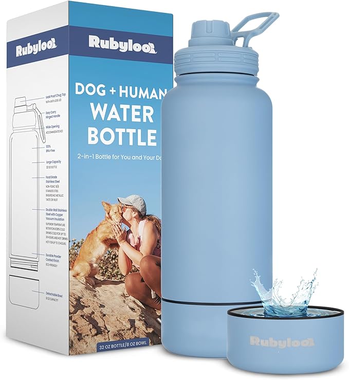 Dog Water Bottle for Dog Lovers - 32 oz Stainless Steel Double Wall Insulated Water Bottle with 8 oz Detachable Bowl on Bottom - Gift for Doggy Lovers for Hiking, Walks, Travel - Dusty Blue