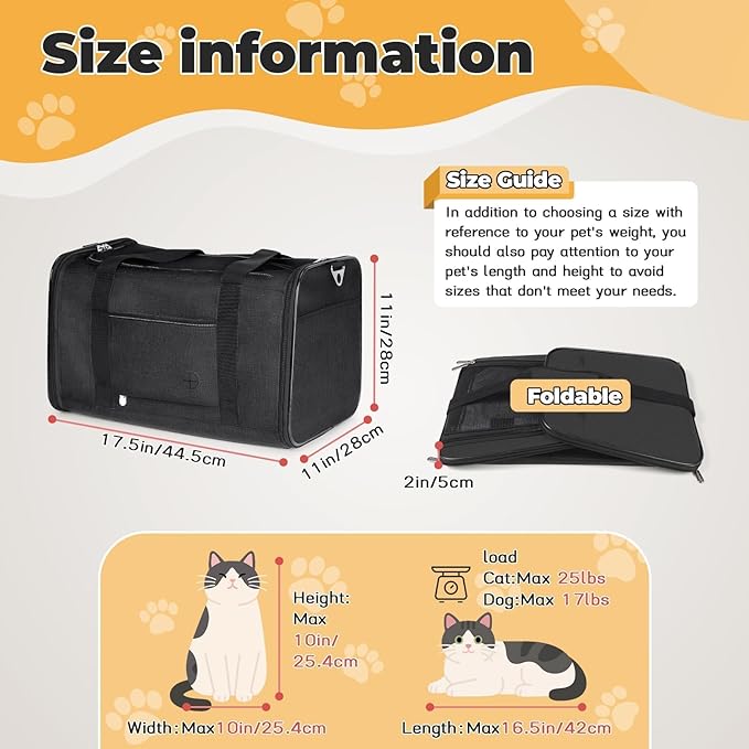 YUDODO 25 lbs Lightproof Soft Sided Large Cat Carrier for Small Pet Dog Airline Approved Travel Bag Puppy Carriers with Side Pockets & Reflective Mesh, Foldable Portable for Outdoor Car Black