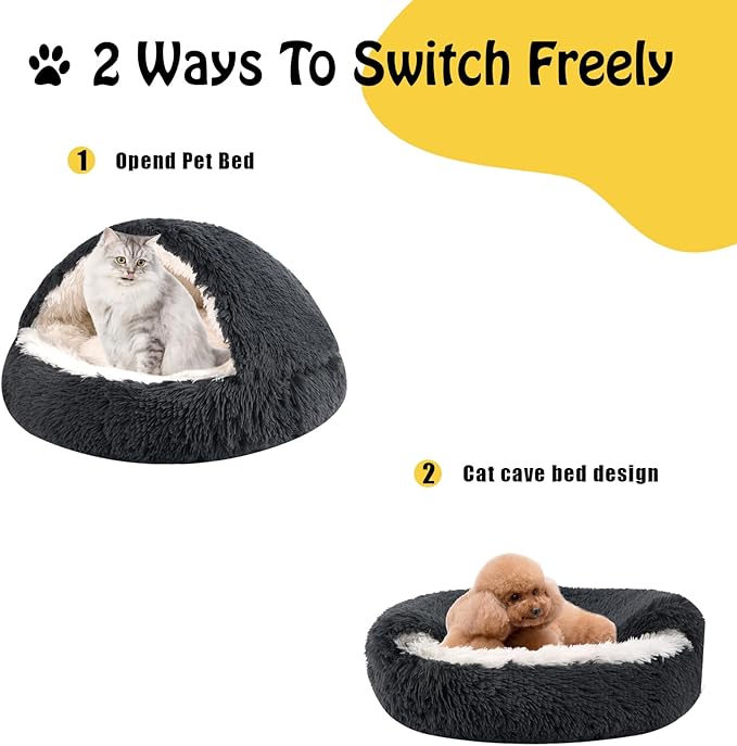 Round Hooded Cat Bed & Dog Bed with Cover Cave, Dog Bed for Small Dogs, Faux Fur Cuddler Round Coved Cat Bed Self Warming Donut Dog Bed Fits up to 12 lbs Pets(Dark Grey, 20inch x 20inch)