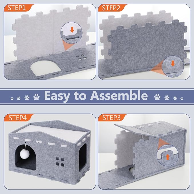 Cat House for Indoor Cats, Cat Beds Peekaboo Pet Cave with Fluffy Ball and Catnip Toy for Multiple Large Cats Up to 33 Lbs Foldable Cat Hideaway Scratch Resistant Felt Cat Cube for Kitten Kitty, Grey