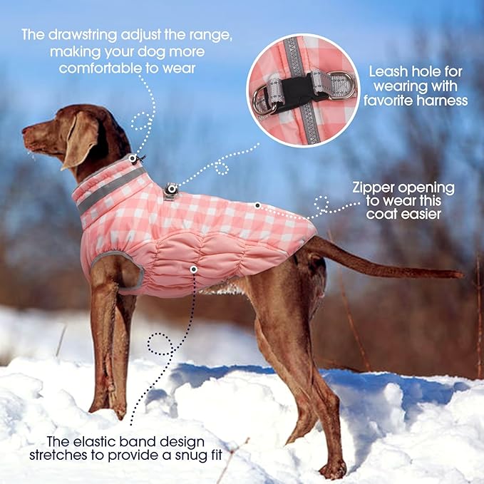 FUAMEY Dog Coat for Small Dogs,Waterproof Dog Winter Jacket with Harness Built in Puppy Cold Weather Coats Reflective Pet Vest with Zipper Warm Fleece Dogs Snowsuit Windproof Pink Plaid XS