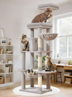 Taoqimiao MS042W Cat Tree,66-inch Large Cat Tower with Scratching Posts, Luxurious Large Platform for Big Cats with Soft Hammock, Adjustable Basket, Deluxe Cat Cando, Top Perch Light Gray