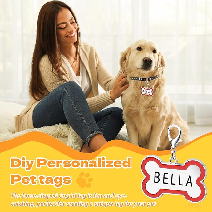 12 Pack Blank Dog Tags Engraved, Zinc Alloy Bone Shape Dog Name Tag, 1.8in Pet ID with Lobster Clasp for Engraving Name Phone Number (6 Colors)