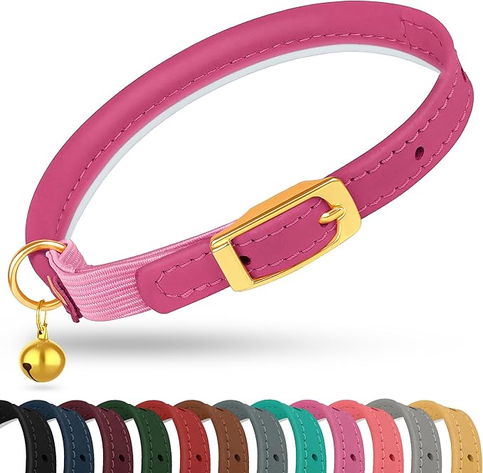 OOPSDOGGY Rolled Leather Cat Collar with Bell - Reflective Kitten Collar with Safety Elastic Strap - Adjustable Small Pet Collars for Boy Girl Cats (Fuchsia)