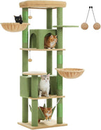 Tall Cactus Cat Tree for Indoor Cats Large Adult, 71.2" Multi-Level Cat Tower with 2 Spacious Condos, 3 Hammocks, Super Large Top Perch, 2 Pompoms, Green