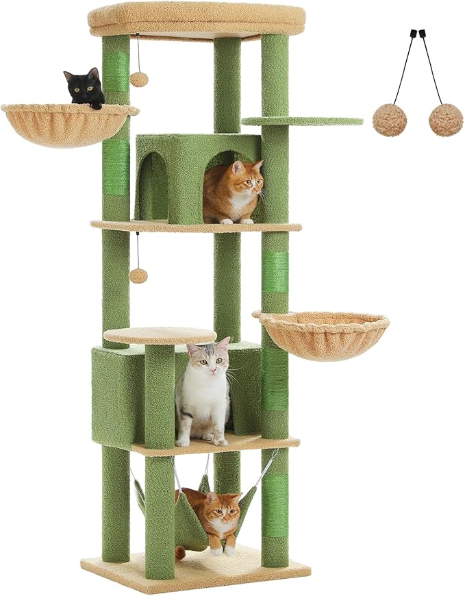Tall Cactus Cat Tree for Indoor Cats Large Adult, 71.2" Multi-Level Cat Tower with 2 Spacious Condos, 3 Hammocks, Super Large Top Perch, 2 Pompoms, Green