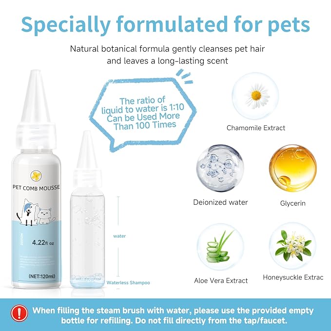 Pet Steam Brush for Dog & Cat - 3-in-1 Steam Grooming Brush for Shedding - Self Cleaning Spray Comb with Mist for Long Haired Pets - Includes Waterless Shampoo & undercoat rake, Blue