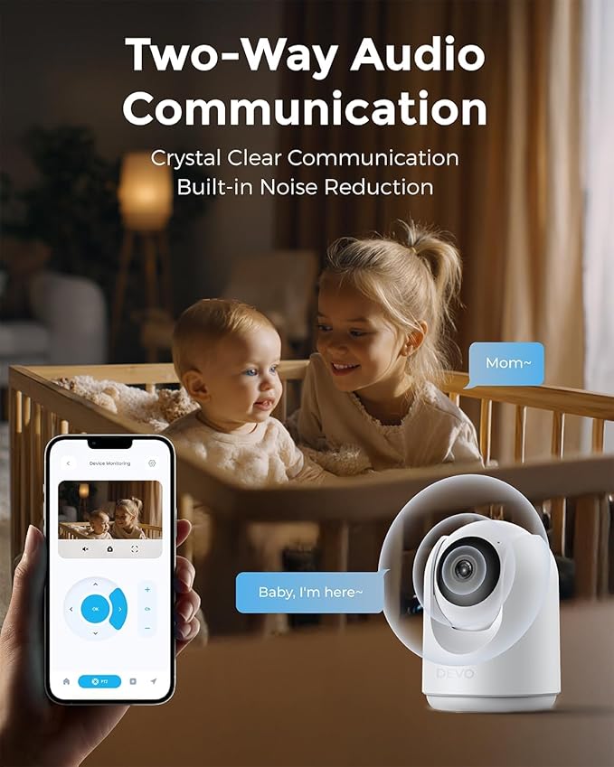 Devo Indoor Smart Cameras for Home Security 2K, 355° Pan-Tilt Human Pet Dog Baby Monitor Camera with Phone App, WiFi Motion Detection, 2-Way Audio, Color Night Vision 256GB SD Card & Cloud White