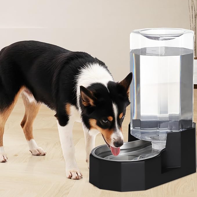 Sfozstra Large Dog Water Dispenser: 8L Automatic Black Water Feeder with Stainless Steel Bowl - Without Filter - Gravity Design for Multiple Pets Indoor/Outdoor