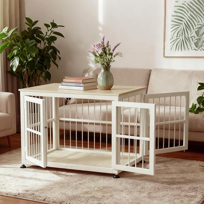 40 Inch Dog Crate Furniture for Large Medium Dogs, Wooden Heavy Duty Dog Kennel with Double Doors, Decorative Pet House Dog Cage Side End Table Indoor, Pet Cage Dog House, Beige