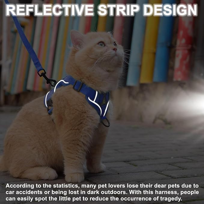 Cat Harness and Leash Set, Upgraded Escape Proof Adjustable Kitten Vest with Lead for Small Cat Outdoor Walking, Soft Breathable Mesh Jacket with Reflective Strips for Dark Night S Klein Blue