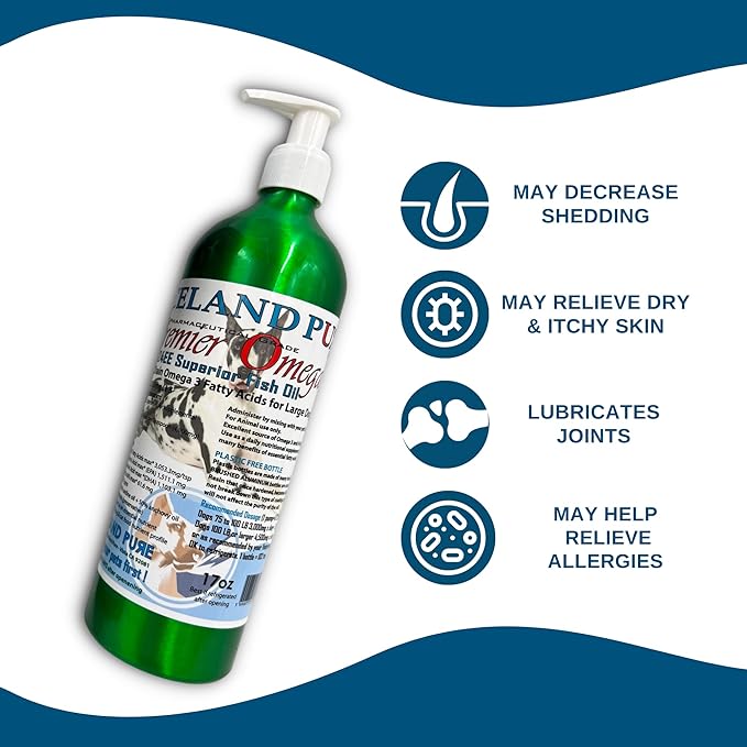 Premier Omega Fish Oil Supplement by Iceland Pure | Wild Caught | 3053mg of Omega-3 per teaspoon | For Large Dog Breeds | Ethyl Ester Distillation | Pump Bottle BPA Free Brushed Aluminum 17Oz