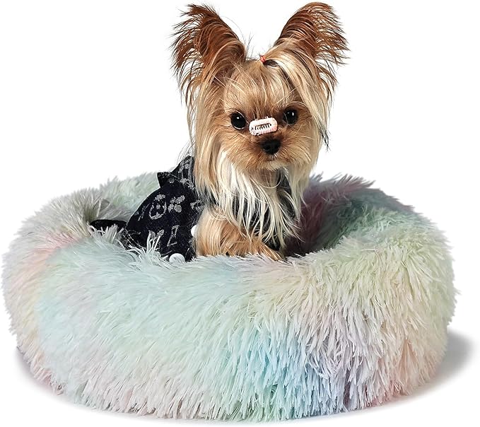 Fluffy Rainbow Dog Bed Extra Small Washable,Calming Dog Bed Rainbow for Small Dogs 15 inches Donut Soft Small Pet Bed,Anti Anxiety Round Fits up to 5 lbs Warm Comfort Pets Beds for Puppy Dogs Indoor