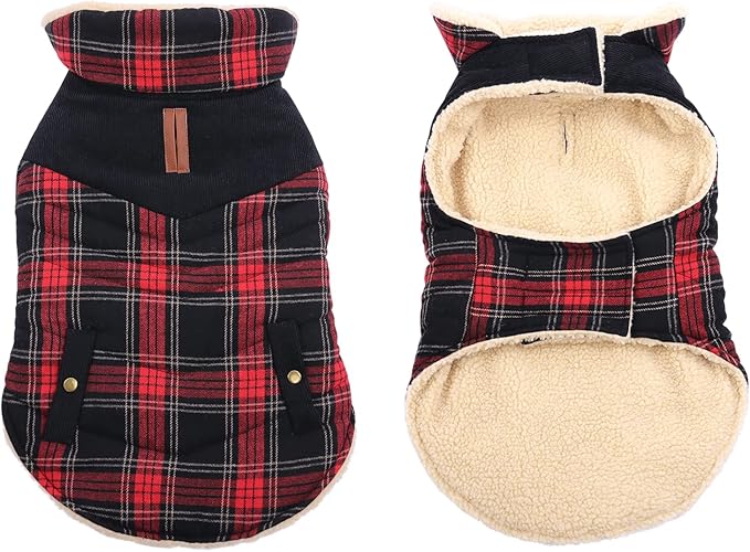 Winter Coat for Small and Medium Dogs, Puppy Plaid Jacket, Warm Coat for Cold Weather, Windproof Warm Dog Garments, Pet Thickened Outfits Indoor Outdoor, Red M