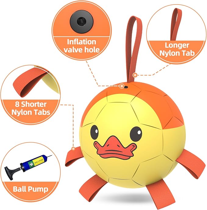 QDAN Dog Toys Soccer Ball with Straps, Interactive Dogs Toys for Tug of War, Puppy Birthday Gifts, Dogs Tug Toy, Dog Water Toy, Durable Dog Balls for Medium & Large Dog - Duck（8 Inch）