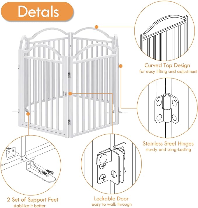 UDD Metal Folding Dog Gate Indoor 144" Extra Wide, 32" Tall Foldable Pet Gate with Door for Stairs Doorways Hallways Porch, Freestanding No Drilling Pet Fence for Dogs Puppy, White 6-Panel