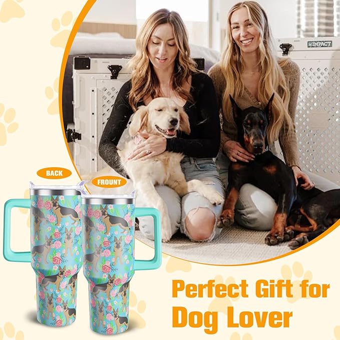 German Shepherd Gifts for Women Dog Lovers 40 oz Floral German Shepherd Tumblers with Handle and Straw, Stainless Steel Vacuum Insulated Travel Coffee Mug Cup Water Bottle